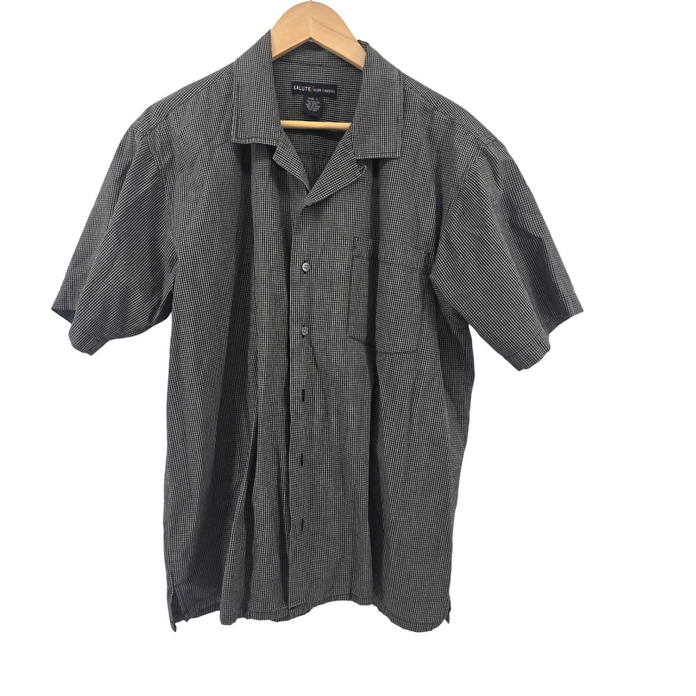 Salute Oleg Cassini Shirt‎ Women Large Black White Micro Check Short Sleeve Camp